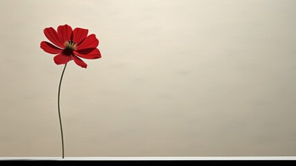  a single red flower in a vase on a white table top with a white wall in the back ground and a white wall in the front of the back ground.