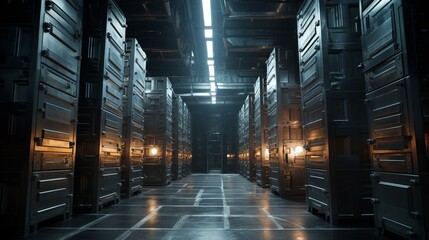 An industrial vault filled with metallic crates and containers, their surfaces reflecting the faint...