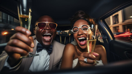 feliz pareja afroamericana, con gafas y trajes de boda o fiesta, dentro de una limusina negra, bebiendo champán en copas de cristal - obrazy, fototapety, plakaty