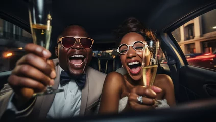 Selbstklebende Fototapeten feliz pareja afroamericana, con gafas y trajes de boda o fiesta, dentro de una limusina negra, bebiendo champán en copas de cristal © Helena GARCIA