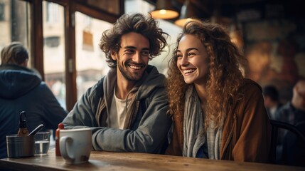 portrait of happy young couple on date in coffeeshop enjoying and smiling - obrazy, fototapety, plakaty