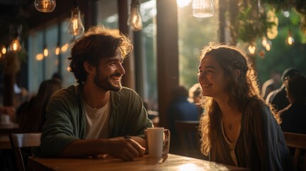 portrait of happy young couple on date in coffeeshop enjoying and smiling - obrazy, fototapety, plakaty
