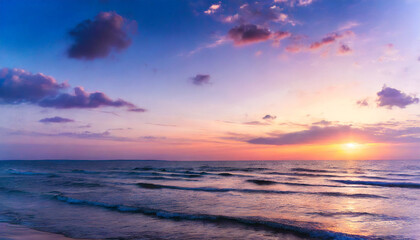 Naklejka na ściany i meble Very beautiful natural atmospheric seascape with purple sunset