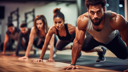  a group of focused individuals performing push-ups in a fitness class - Powered by Adobe