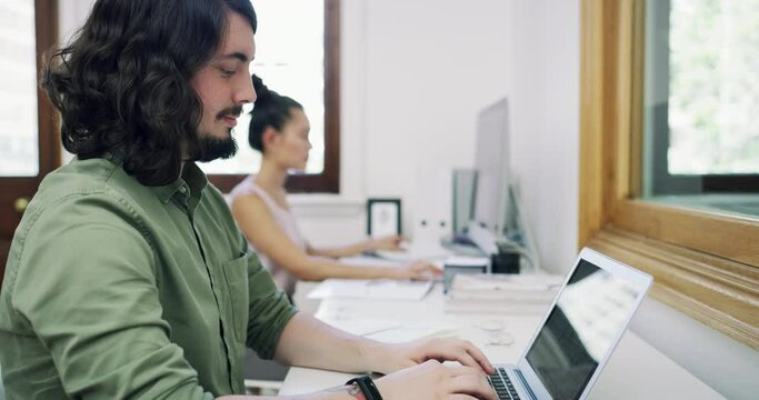 Laptop, coworking space and happy office man, website design expert or SEO worker doing web traffic research. Happiness, webdesigner portrait and male agent confident in online development process