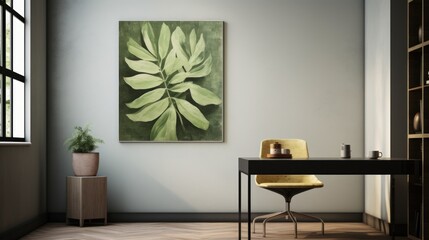  a painting hanging on a wall next to a desk with a chair and a potted plant in front of it and a bookcase in the corner of the room.
