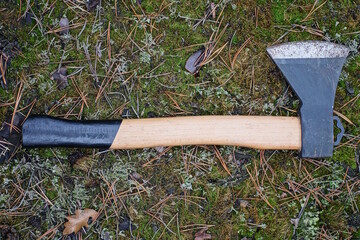 one black ax with a brown wooden handle lies on the ground and green moss on the street