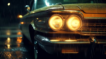 the front of a car with lights on - obrazy, fototapety, plakaty