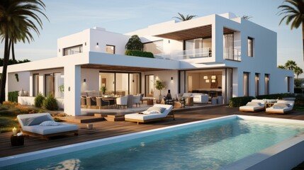 Fototapeta premium White hotel and resort luxury mediterranean style. Generative AI