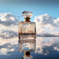 a bottle of perfume on a reflective surface
