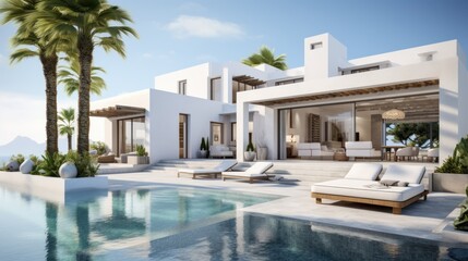 Luxury white hotel and resort mediterranean style. Generative AI - obrazy, fototapety, plakaty