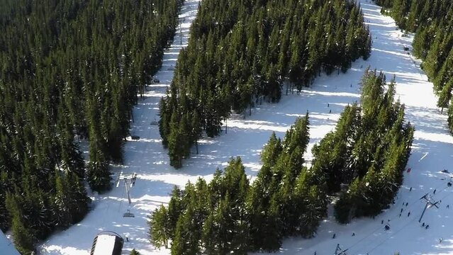 Bird eyes view at ski resort on winter balcony, Enjoy landscape. Steadicam moving on terrace. Snezhanka Peak from the top of Tv Tower at Pamporovo, Smolyan. 
