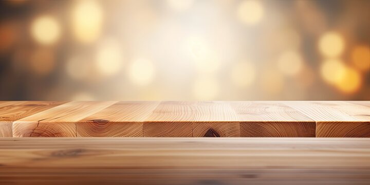 Wooden table top against light abstract background for product display or design layout.