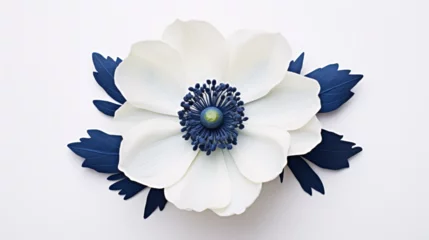 Fotobehang Fleur blanche sur un fond de couleur blanc, avec feuilles bleues. Motifs floral pour décoration, création graphique et conception. © FlyStun