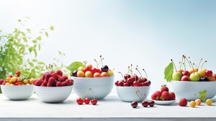  a group of bowls filled with lots of different types of fruit on top of a white table next to a bush of green leaves and a blue sky in the background.