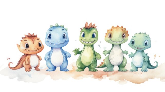 illustration set of colorful dinosaurs watercolor. Generative AI