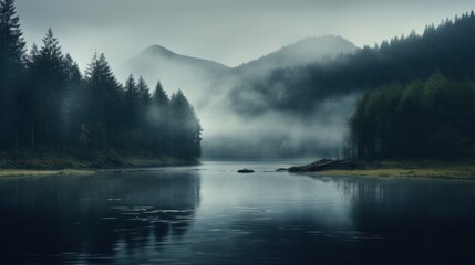 Fototapeta na wymiar Misty foggy lake in nature forest. Generative AI