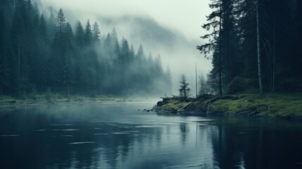 Misty foggy lake in nature forest. Generative AI - obrazy, fototapety, plakaty