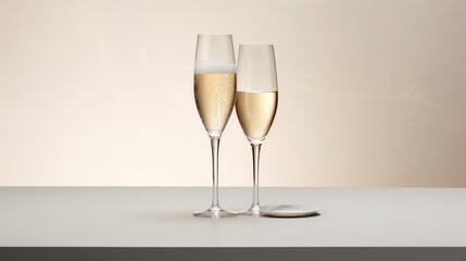  two glasses of champagne sitting next to each other on a table with a white wall in the background and a light brown wall in the middle of the room behind.