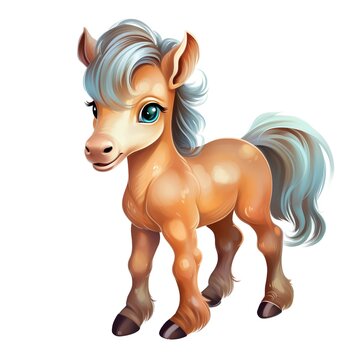 Foal cute little horse cartoon character isolated on white background. Concept baby animals generative AI image illustration. Drawing for children's book