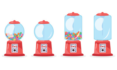 Set of cute candy machines in cartoon style. Vector illustration of transparent candy machines with colored candies: round and rectangular isolated on white background. Gumball machine.