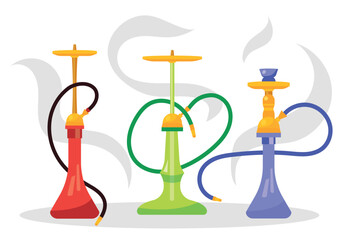 Set of colored hookahs with puffs of smoke in cartoon style. Vector illustration of different hookahs with bowl, plate, cap, flask and shaft isolated on white background. Hookahs for smoking.