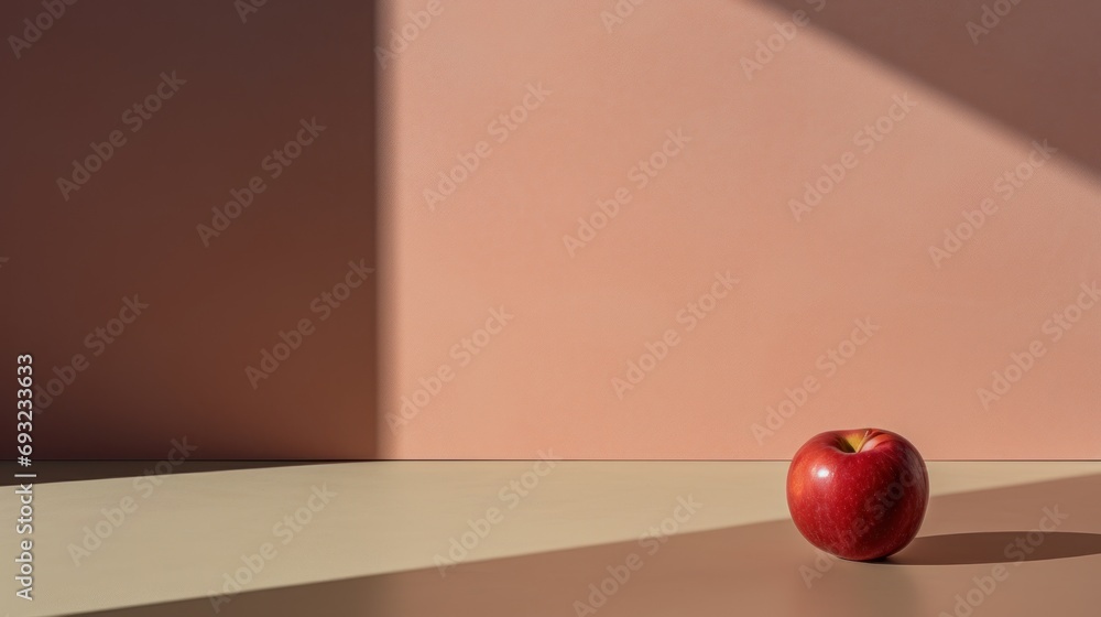 Poster a red apple sitting on top of a table next to a shadow of a person's shadow on the wall and a shadow