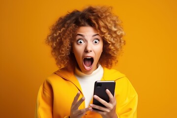 An astonished young woman in a yellow jacket reacts vividly to content on her phone, her wide-eyed expression and open mouth conveying surprise and excitement - obrazy, fototapety, plakaty