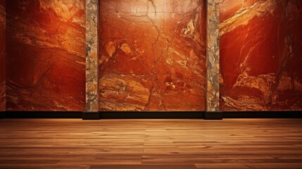Beautiful entirior background for presentation red and gold marble wall and wooden floor