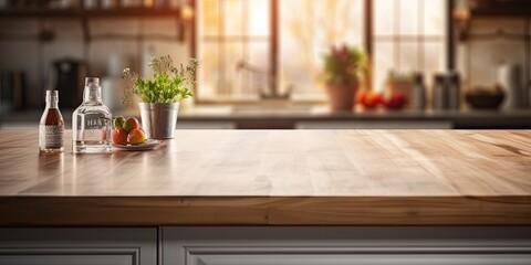 Blurred kitchen counter with table top.