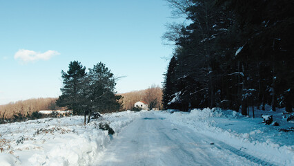 small house surrounded by snow with vehicle traces 