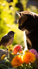An Unlikely Friendship  Where Cat and Crow Share a Playful Moment in the Sunlit Garden