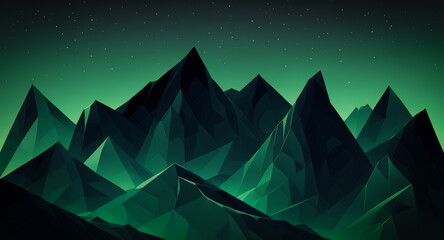 Illustration of poly triangle shaped landscape, mountain and sky in green colored. Can be used as wallpaper or banner.