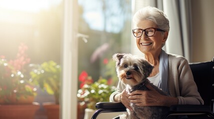 portrait of happy elderly retired woman with handicap in wheelchair holding therapy dog - Powered by Adobe