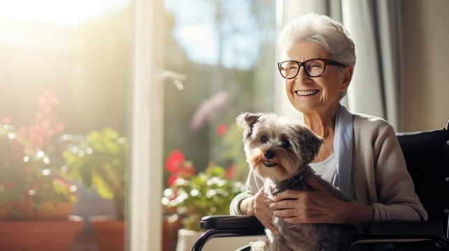 portrait of happy elderly retired woman with handicap in wheelchair holding therapy dog
