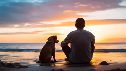 Foto auf Acrylglas Man and Dog at Sunset Beach: A Serene Moment of Togetherness, Looking Out to Sea © Mustafa