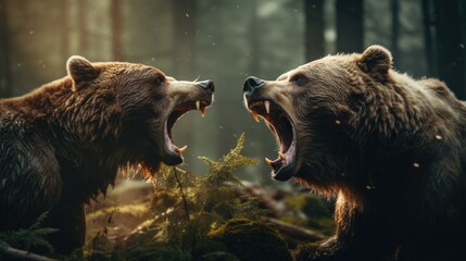 close-up portrait of two big brown bears fighting with mouthes open with teeth and paws with claws - obrazy, fototapety, plakaty