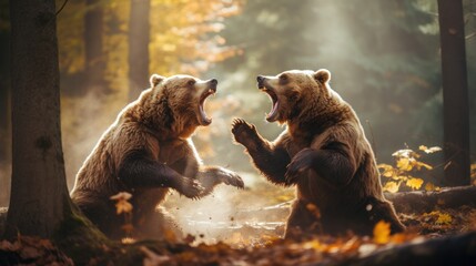 close-up portrait of two big brown bears fighting with mouthes open with teeth and paws with claws - obrazy, fototapety, plakaty