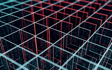 Abstract 3D Geometric Space Cube Blocks Background with Neon