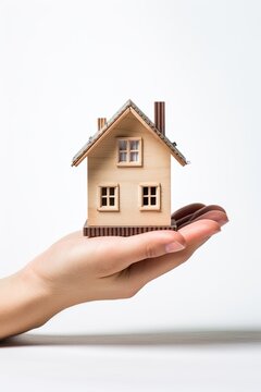 Hand holding miniature house isolated on white background. Buy or sell property concept.