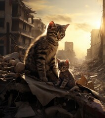 Pour crying cat with kitten on war in destroyed city