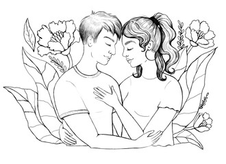 A girl and a guy in an embrace. Showing tenderness and love. Beautiful romantic hand-drawn illustration with flowers. Hand-drawn, not AI. 