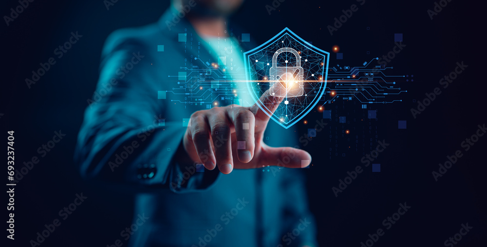 Poster cybersecurity and privacy concepts to protect data. lock icon and internet network security technolo