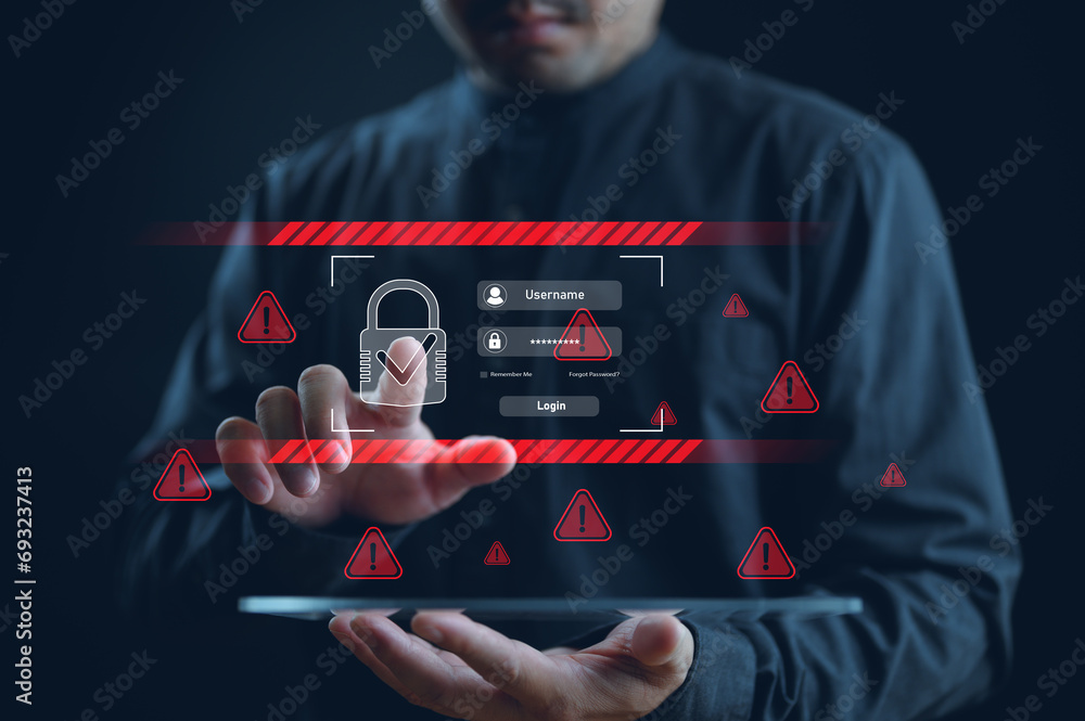Poster system warning hacked alert, cyberattack computer network. cybersecurity vulnerability, data breach,