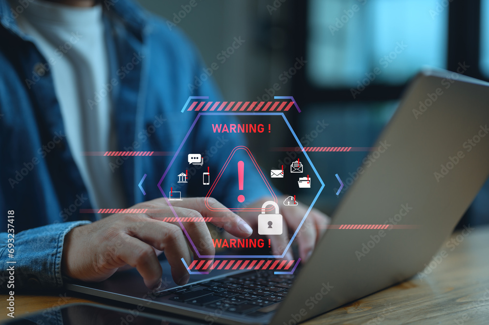 Poster system warning hacked alert, cyberattack computer network. cybersecurity vulnerability, data breach,
