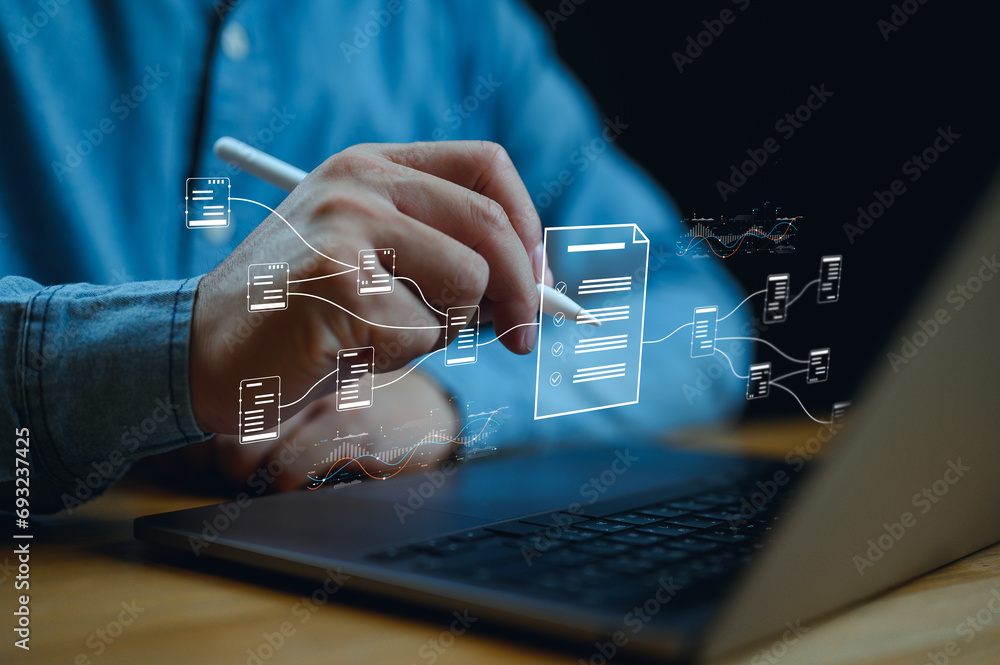 Poster data analysis and management document, big data, ai tech artificial intelligence process with techno