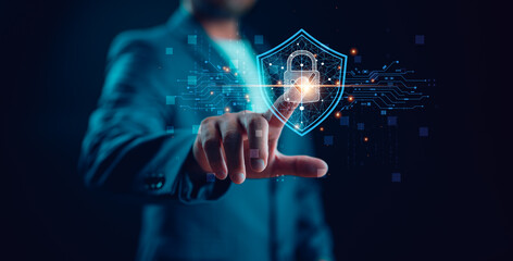 Cybersecurity and privacy concepts to protect data. Lock icon and internet network security technology. Businessman protecting personal data on smartphone, virtual screen interfaces. cyber security.