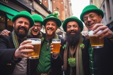 Group of men friends in green hats with beer celebrating St Patrick day at city street - 693237465