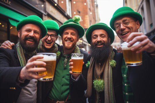 Group of men friends in green hats with beer celebrating St Patrick day at city street
