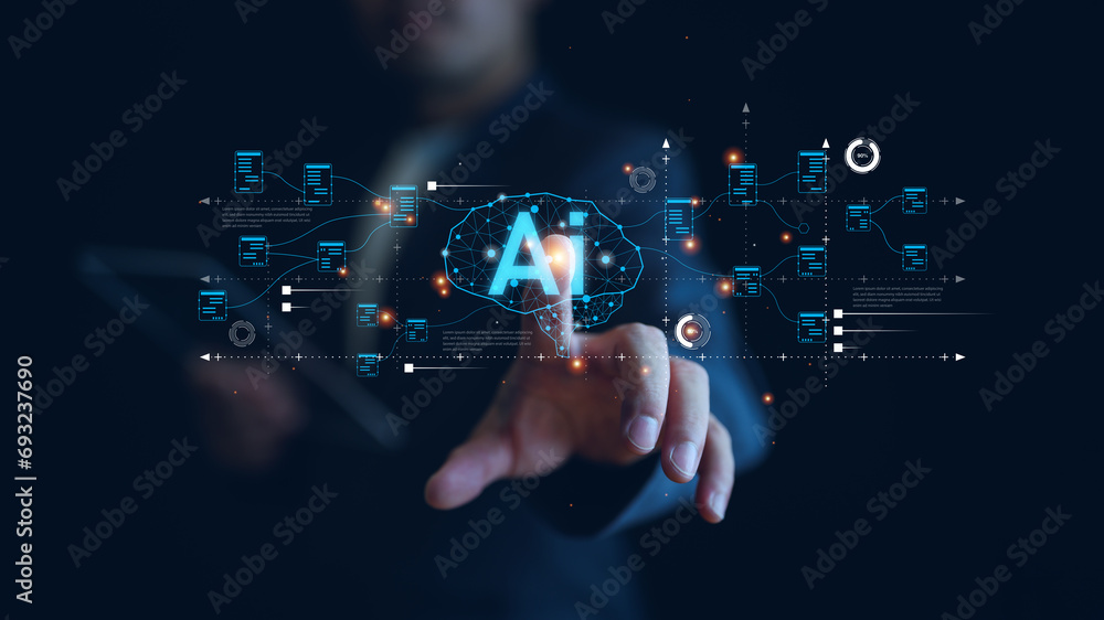 Aufkleber Technology and people concept man use AI to help work, AI Learning and Artificial Intelligence Concept. Business, modern technology, internet and networking concept. AI technology in everyday life.